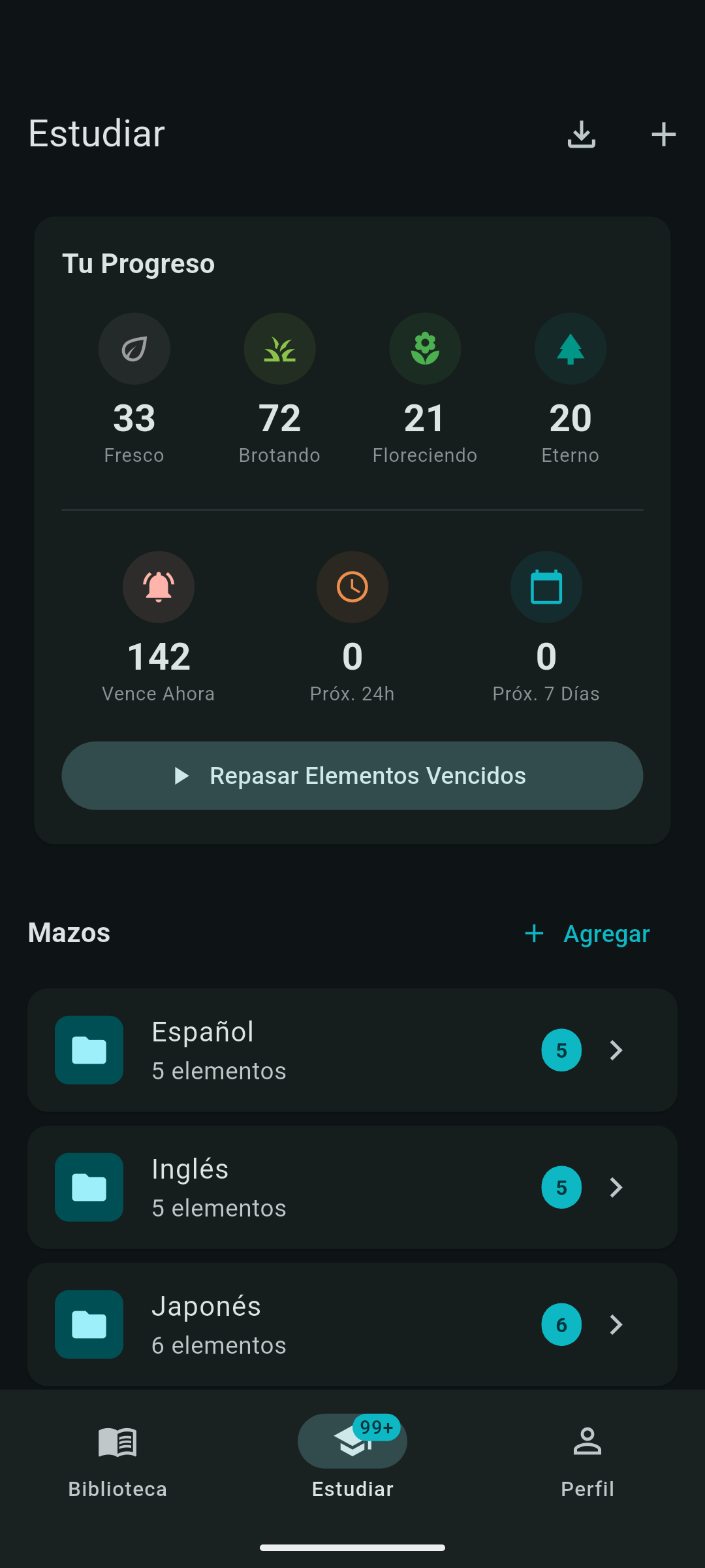 Panel de estudio con progreso, elementos pendientes y mazos