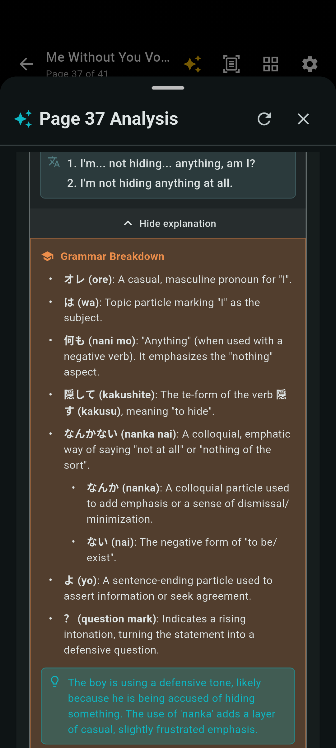 Page analysis with grammar breakdown
