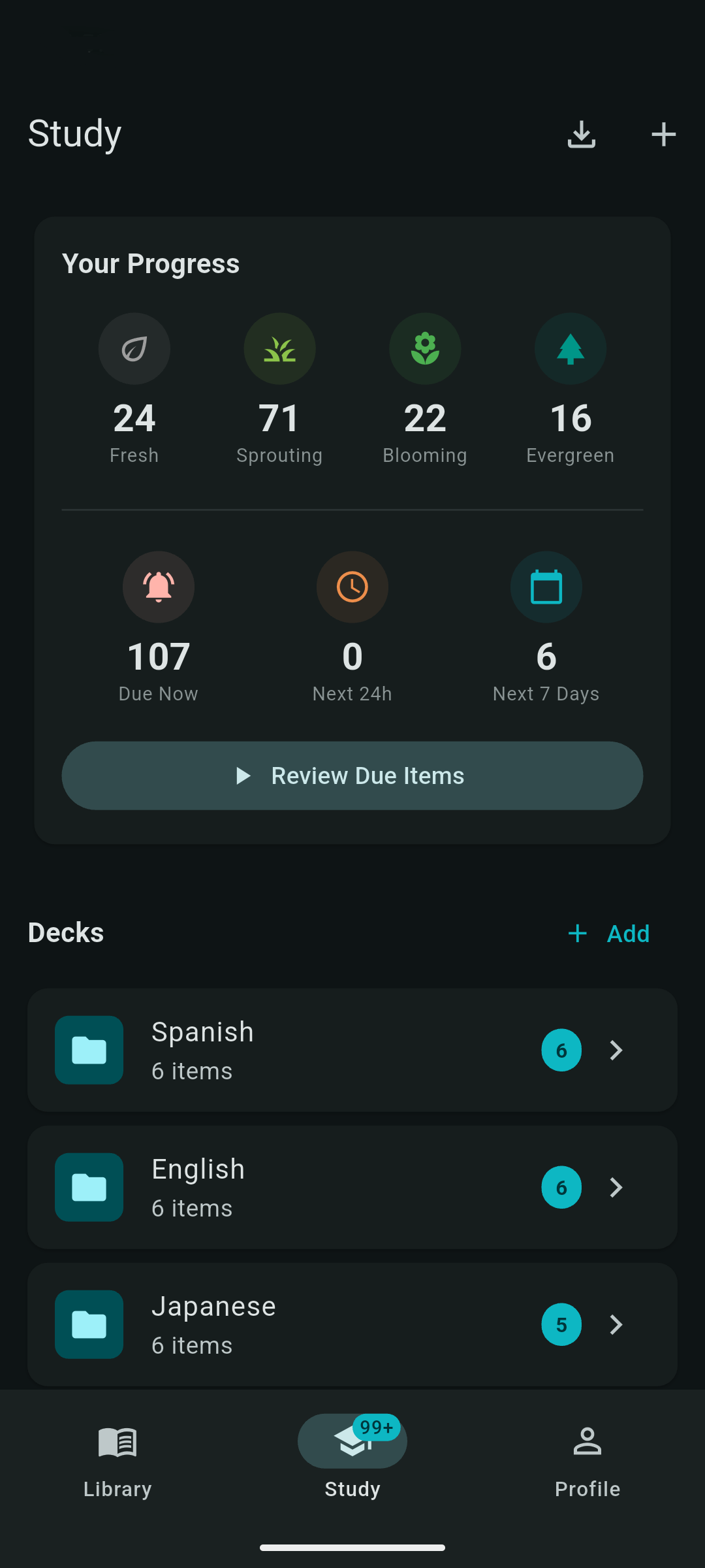 Study dashboard with progress, due items, and decks